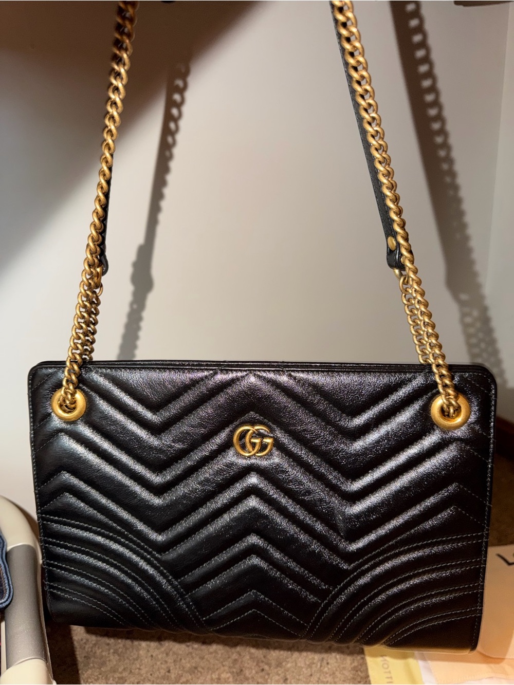 Gucci Black Chevron Quilted Leather Shoulder Bag with Gold Hardware
